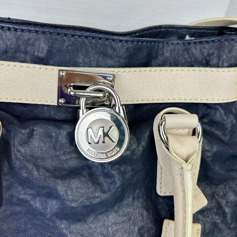 Michael Kors Hamilton East West Tote Shoulder Bag Navy Cream Leather Lock & Key